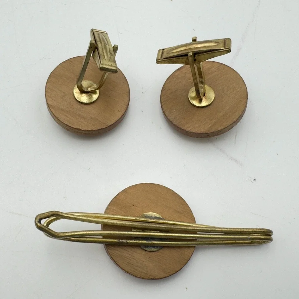 Vintage Cufflinks Tie Bar Set Wood Plastic Chimney Sweep Man Roof Ladder